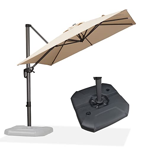 PURPLE LEAF 8 Feet Square Cantilever Umbrella Patio Umbrella with Base Outdoor Umbrella Aluminum with 360-degree Rotation for Garden Deck Pool Patio Beige