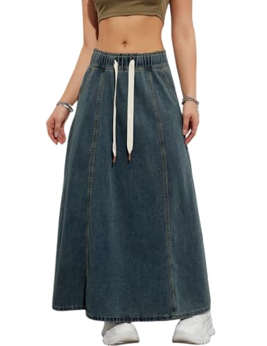 Perbai Womens Long Denim Skirt Elastic High Waist A Line Loose Maxi Jean Skirt with Pockets