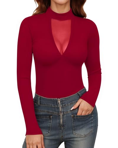 Image of Mangopop Women' Long Sleeve Ribbed Bodysuit Jumpsuits