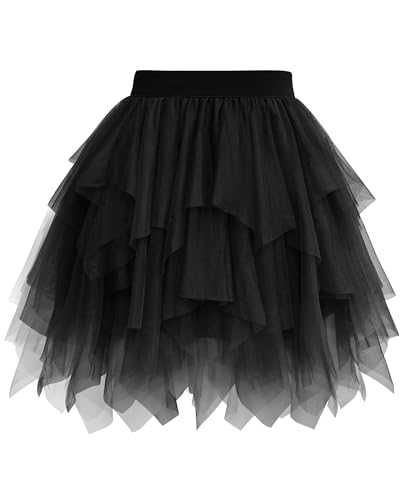 Wikoan Saias para mulher saia curta de mulher saia assimétrica de tule saia de tule multicamada com forro macio, Preto
