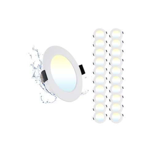 Grebeam 20 Pack LED Recessed Downlights, 5W, IP44 Bathroom & Kitchen Ceiling Spot Lights, 3CCT Adjustable (3000K/4000K/6000K), Fits 75-90mm Holes