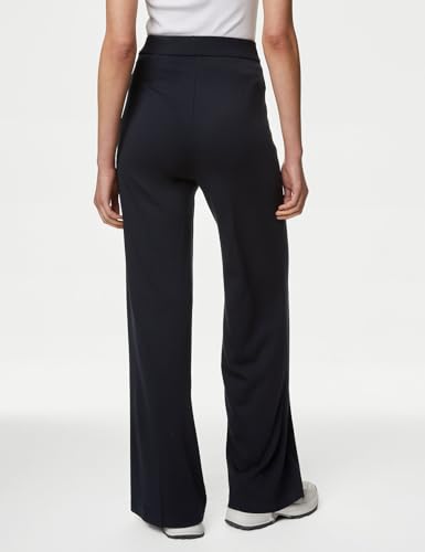 Image of Solid Navy Blue Viscose Womens Wide Leg Jersey Stretch Trousers