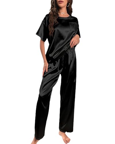 Rayson Pijama Mujer de Satén Conjunto de Pijama Manga Corta con Bolsillo y Pantalón Largo Verano Elegante Pijamas de Seda Suave Ropa de Dormir 2 Piezas S-XL(Negro,M)