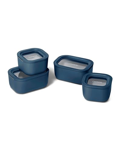 Caraway Mini Food Storage 9pc Set - Glass Storage Containers for Food - Non-Toxic Ceramic-Coated Glass - Air Release Technology - Compact & Stackable Design - Navy
