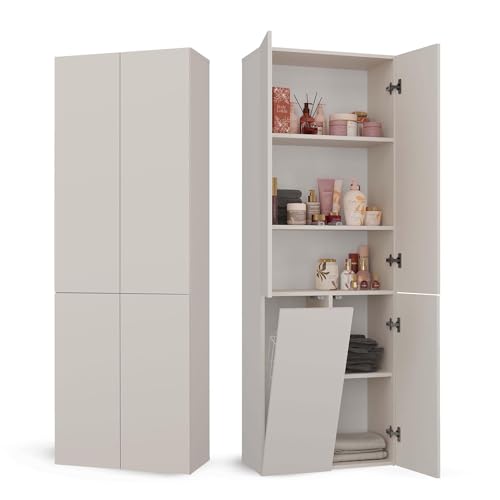 CDF Badezimmerschrank Bad Schrank Mit Wäschekorb Kashmir Badschrank Mehrzweckschrank Badregal Stehend Hochschrank Schublade Tür Bodenschrank Allzweckschrank 1 Wäschekorb 174 x 60 x 30