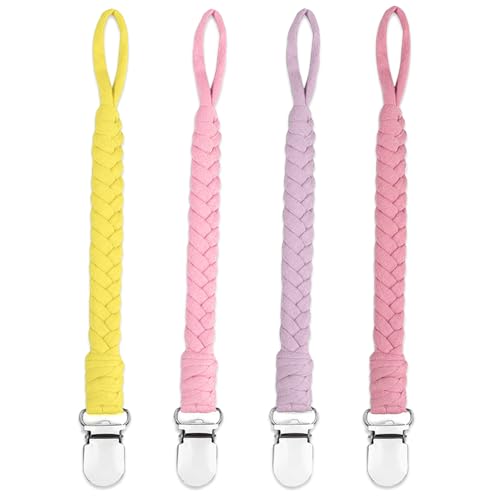 Image of 4 Pcs Pacifier Clip, Pacifier Clips for Boys & Baby Girls Pacifier Holder Clip Binky Clips Braided 100% Handmade Fits All Pacifiers(Yellow, 4 Pack)