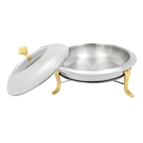 Pxolerig Estufa de acero inoxidable, calentador de buffet de olla seca, estufa redonda sin orejas, plato de acero inoxidable con tapa de visualización de vidrio, para fiestas, cocina (dorado, 24 cm)