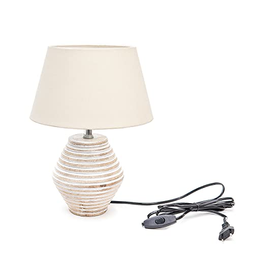 Image of PineCraft International Atury Table Lamp with Shade Night Lamp for Living Room, Study Room, Bedroom & Home Decor Gift Item 14 inch Height Wooden Study Lamp with Off White Shade