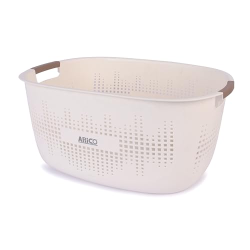 Image of ARICO Premium Plastic Laundry Basket with Comfort Grip Handles - Large Ventilated Clothes Storage Organizer for Bathroom, Bedroom & Home (Off-White, Oval Shape)
