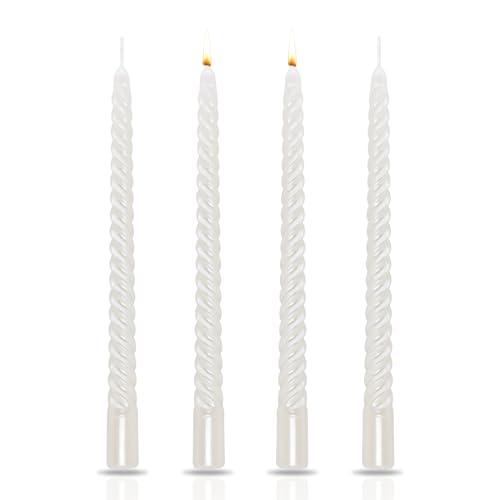 TOPWAYS Dinner Candles, White Taper Candles Pillar Spiral Twisted Candles Non Drip Long 8 Hour Burn Time Non Scented Decorative Candles for Valentine's Day Christmas Birthday Party (4 Pack)