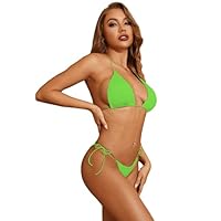 Dadress Conjunto de biquíni feminino, frente única, alças finas, maiô triângulo deslizante, biquíni sexy de 2 peças, Fluorescente, Tamanho Único