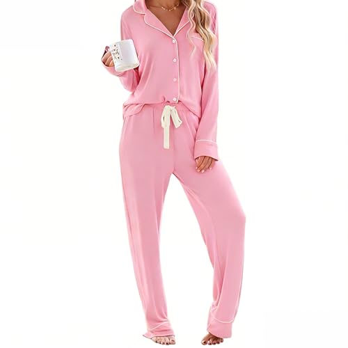 RONGTAI Conjunto de pijama para mujer, cómodo y fresco, conjunto de pijama de manga larga, 2 piezas, ropa de dormir S-XXL, Rosado, S