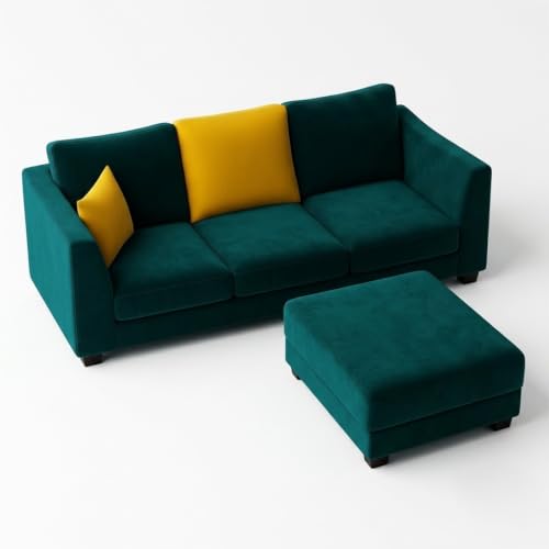 Image of SOCOZI Trevano 4 Seater L Shape Sofa Set with Movable Ottoman | Flexible Left or Right Layout | Soft Velvet Suede Fabric | Modern Design | Plush Comfort Cushions for Living Room (Teal Green-Yellow)
