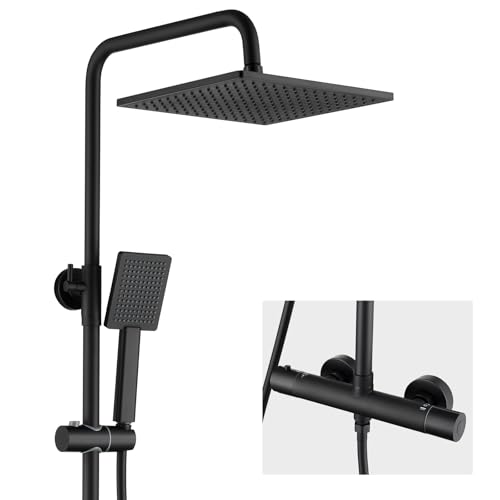 Auralum Colonne de Douche Thermostatique Noir Mat, Ensemble de Douche Complet avec Ciel de Pluie 25x25cm et Douchette, Mitigeur Anti-Brûlure, Barre de Douche...