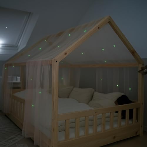 lilimaus Hausbett Himmel mit leuchtenden Sternen - Betthimmel Hausbett Deko - Geschenk Mädchen & Jungen - Himmelbett Vorhänge für 90x200 & 120x200 Kinderbetten - Leuchtsterne Kinderzimmer Deko
