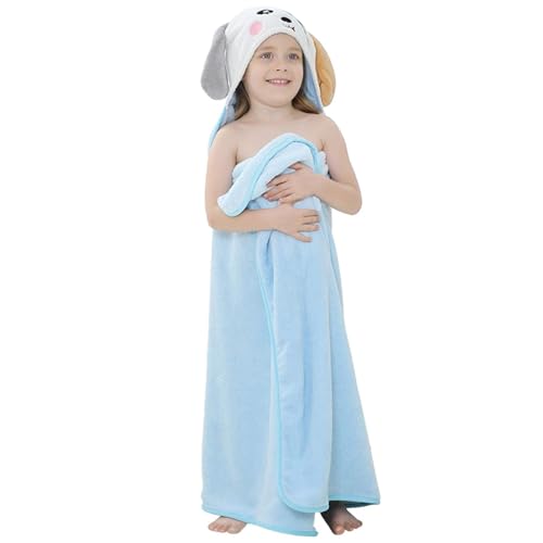 Image of MICHLEY Cartoon Hooded Baby Towel Unisex, Premium Soft Swimming Bathrobe Large Washcloths 31.5 inch x 53 inch for 0-9T (Blue Dog)