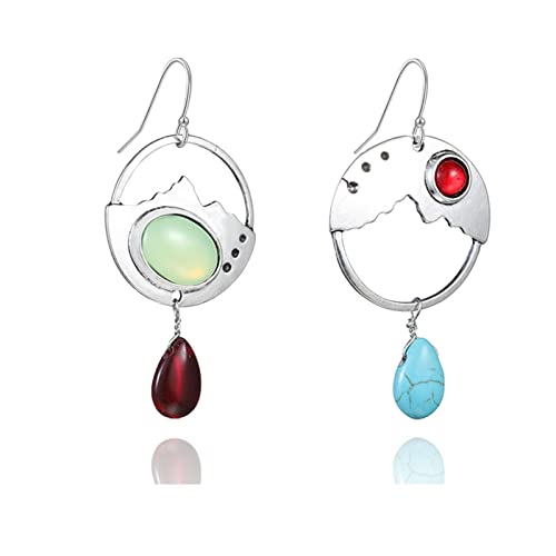 Boho Asymmetrical Handmade Earrings for Women Girls Trendy Delicate Vintage Bohemian Silver Green Turquoise Red Agate Round Dangle Drop Statement Earrings Jewelry Gifts (Asymmetrical Red Green Round)
