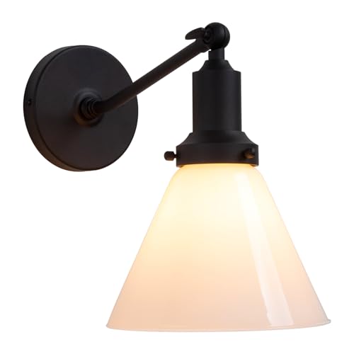 Image of PERMO Industrial Vintage Slope Pole Wall Mount Single Sconce with Funnel Flared Milk White Glass Shade Matte Black Wall Sconce Light Lamp Fixture