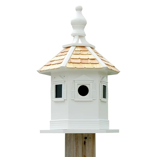 Home Bazaar White Enchantment Bird House – Large Wooden Outdoor Birdhouse with Hexagonal Design, Easy Post Mount, Ventilated, Weather-Resistant, Perfect Garden & Backyard Bird Shelter