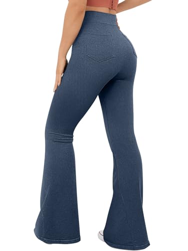 OQQ Flared Pants for Women Trendy Acid Wash High Waist Casual Soft Cropped Stretchy Baggy with Patch Pockets