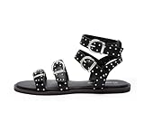 LUCKY STEP Women's Rhinestone Buckle Flat Sandals Open Toe Gladiator Casual Shoes Ankle Strap Summer Fisherman Sandal(8 M US Black)