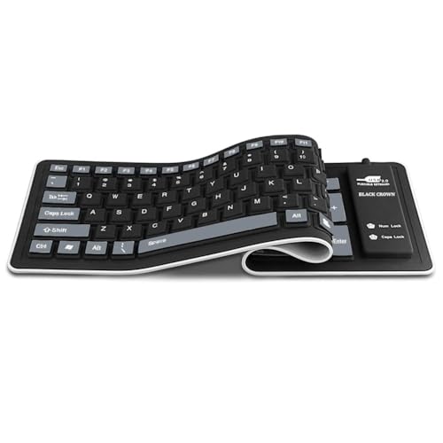 Image of BLACK CROWN Flexible Keyboard, Foldable Silicone Keyboard USB Wired Waterproof Rollup Key-Board for PC, Notebook, Laptop. (Black+Grey)