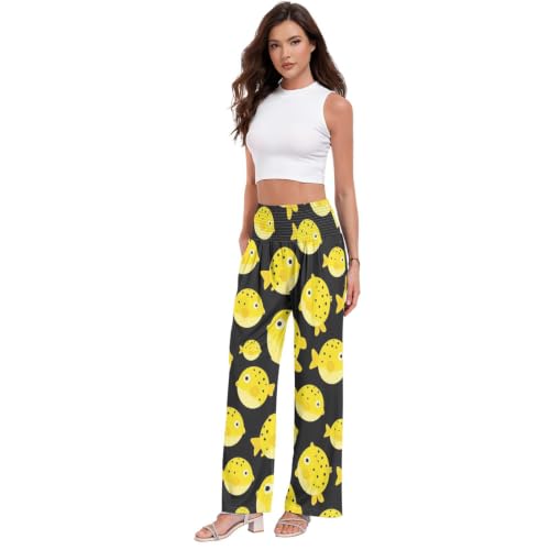 Pantalon large pour femme à taille smockée élastique Fish Lemon