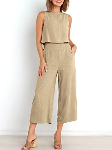 Image of ANRABESS Women's Summer 2 Piece Outfits Sleeveless Tank Crop Button Back Top Cropped Wide Leg Pants Set Pockets