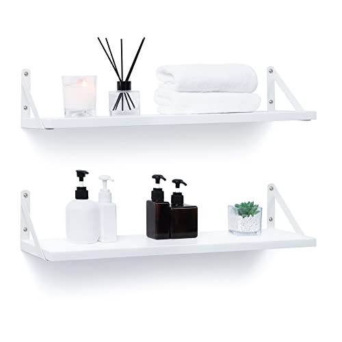 Fun Memories White Floating Shelves Set Of 2, Wooden Wall Shelf 24 Inch Long, Wall Storage Shelves For Bathroom, Living Room, Kitchen, Modern Wall Hanging Display Shelves #TOP4