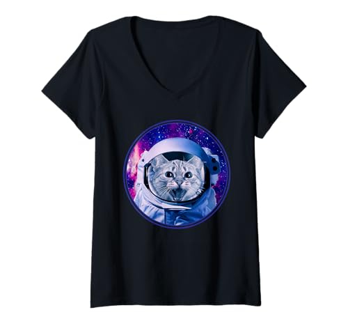 Femme Space Cat Astronaut in Galaxy Funny Cats Kitten Lover T-Shirt avec Col en V