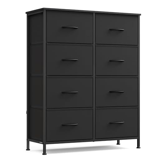SONGMICS Dresser for Bedroom, Chest of Drawers, Steel, MDF, 8 Non-Woven Fabric Drawers, Storage Organizer Unit, Closet, Entryway, Ink Black and Ebony Black LGS124B01S