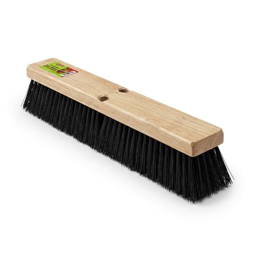 Image of Black Indoor Push Broom Head - Heavy Duty Hardwood Block - Polypropylene Bristles - Deck Scrub Brush - Two Threaded Handle Holes for Better Assist (16 inch)
