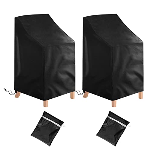 Boseago 2 PCS Housse de Chaise Extérieur de Jardin en Tissu Oxford 210D, Housse de Protection pour Chaises de Jardin Empilables avec Corde, Housse de Fauteuil, Étanche, Anti-UV, Noir (64 X 64 X 120cm)