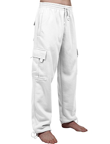 NE PEOPLE Mens Comfy Elastic Drawstring Fleece Cargo Sweat Pants-WHITE-1XL