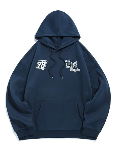 ZAFUL Mens Hoodies Unisex Hoodie Y2K Letter Graphic Print Long Sleeve Drawstring Hoodie Sweatshirt Men Women Streetwear Navy Blue M
