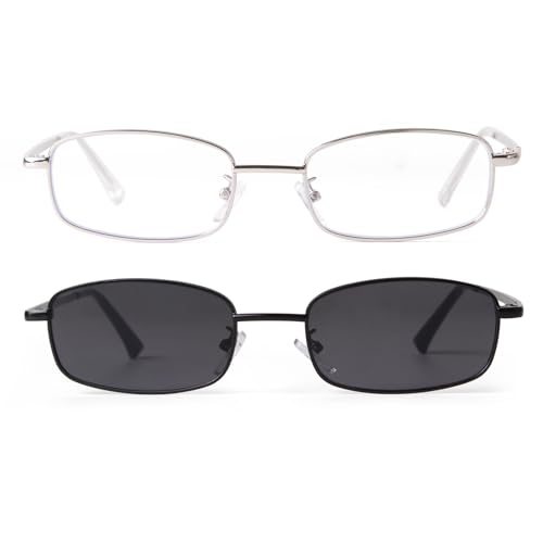 ADE WU Fashion Sunglasses Glasses for Women Men, Narrow Rectangle Frame Unisex Style, Black & Silver