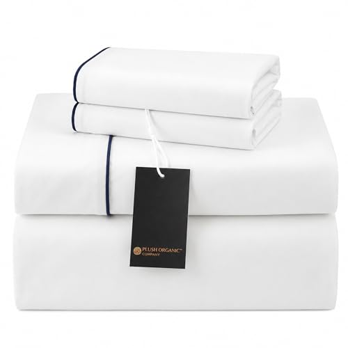 Image of Queen Luxury 4 Piece Bedsheet Set by Plush Organic Company, White with Navy Piping, Viscose (Rayon) derived from bamboo, Organically grown, Ultra Soft with17 inch Deep Pockets, 300 Thread Count