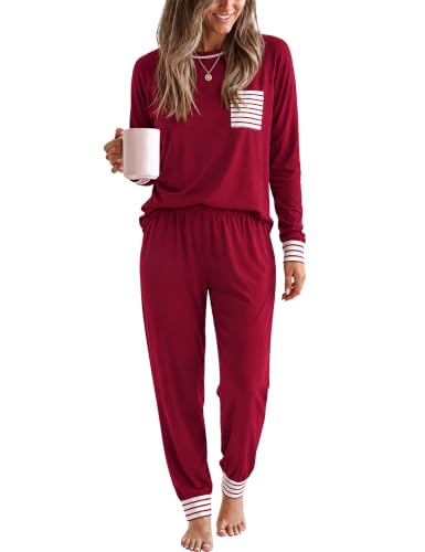 Image of SWOMOG Womens Pyjamas Set Long Sleeve Top and Pants Warm Winter Sleepwear Pullover Nightwear Soft PJs Sets 2 Pcs Pajama Sets Wine Red