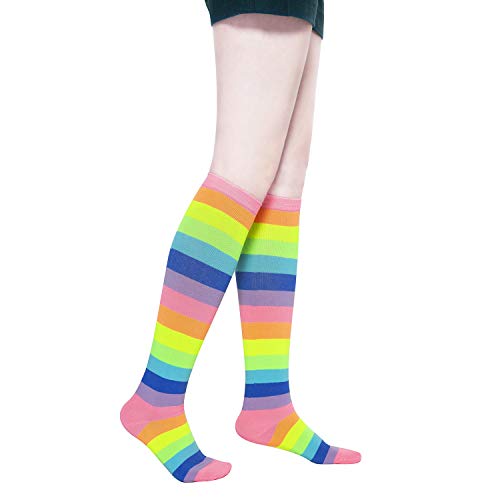 Kony Women's 3 Pairs Cotton Colorful Neon Striped Rainbow Knee High Socks Comfortable Stay Up Best Gift Size 6-10 (Classic Rainbow-2) #TOP2