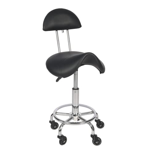 AKVOMBI Rolling Saddle Stool with Back Support, Adjustable Stool Chair with Wheels, Drafting Stool Ergonomic Stool for Esthetician Dental Lab Salon Massage Home Office, Black