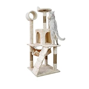 Albero per Gatti Grandi 140cm KESIMO: Torre Stabile con Tiragraffi in Sisal, Amaca, Grotta XXL, Cuccia e Giochi (Beige, 3 Altezze)
 - immagine 2