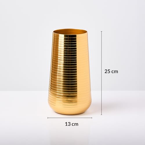 Image of Market99 Golden Metal Flower Holder|Tapered Cylinder Shape Vase with Ribbed Design & Glossy Texture|Decorative Accent for Living Room, Tabletop, Shelf, Office & Gifting|Sleek, Refined & Stylish Decor