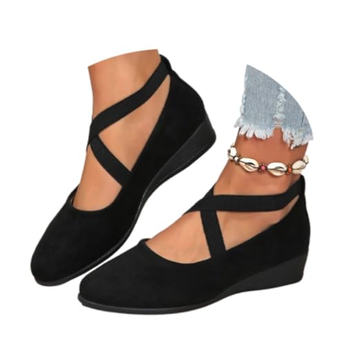 Women's Comfy Elastic Crisscross Strap Wedge Slip-On Shoes, Womens Round Toe Elegant Suede Comfy Strap Ballerina (Black,25.5 cm)
