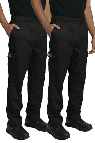 Chef Code 2-Pack Chef Cargo Pants with Wide Elastic Waist and Drawstring, Zipper Fly (Black, Medium)