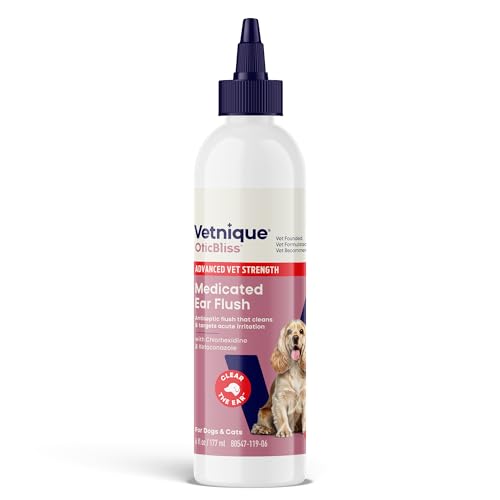 Vetnique Oticbliss Advanced Strength Medicated Dog Ear Infection Treatment, Antiseptic Ear Cleaner for Cat & Dog Ear Cleaning Solution Chlorhexidine & Ketoconazole (6oz Flush)