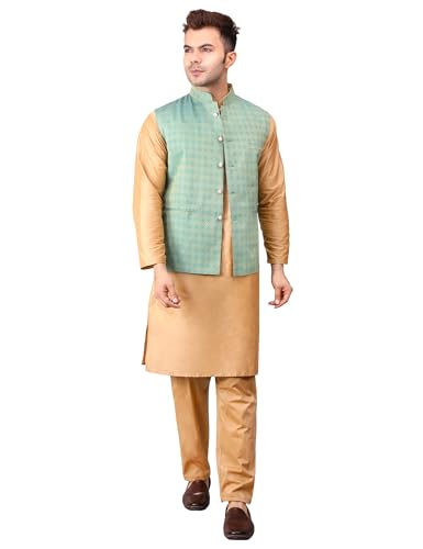 Image of Men's Cotton Silk Blend Regular Kurta Pyjama, Embroidered Nehru Jacket /Waistcoat Set