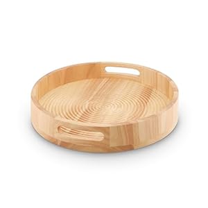 Sur La Table Large Round Serving Tray for Food and Drinks, Easy to Clean, Made from Hevea Wood with FSC Certified Materials, 35.6 x 35.6cm, Colour Me Happy, Natural Wood, SLT847089