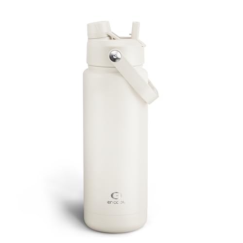 ENCOOL Insulated Water Bottle with Straw Stainless Steel Water Bottle, Leak-Proof, BPA-Free, Double Wall Vacuum Keeps Cold for 24 Hours for Sports, Travel, School (32 oz, Cream Moon)