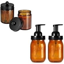 Amolliar Plastic Mason Jar Foaming Soap Dispenser Pump Lid, Amber Foam Soap Dispenser for Bathroom Kitchen & Amber Glass Qtip Holder, Apothecary Jars with Matte Black Metal Lid & Stickers