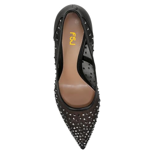 FSJ Women Pointed Toe Stiletto Pumps Slip On Sparkly Rhinestones Studded Mesh High Heel Sexy Formal Event Dress Shoes Sizes 4-16 US4